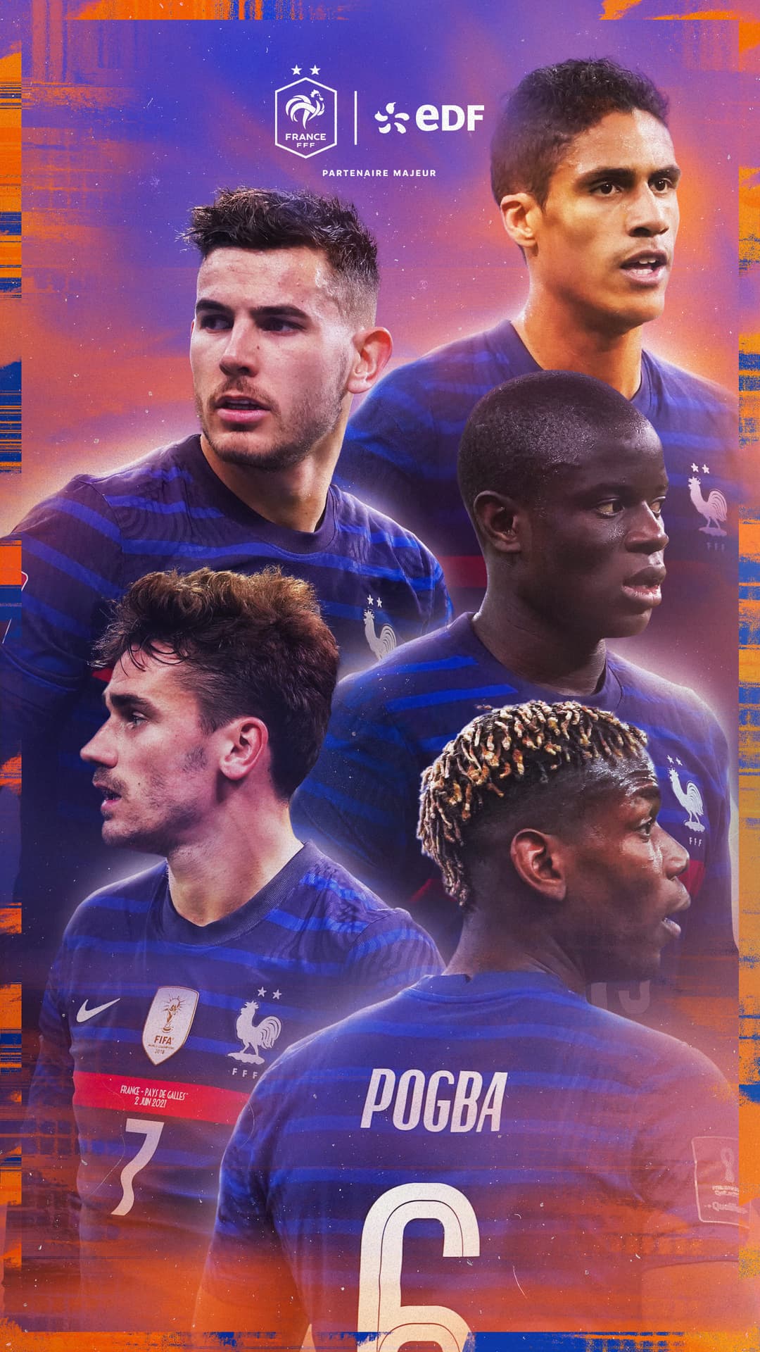 Affichage partenaire EDF avec Varane, Griezmann, Pogba, Kanté et Hernandez